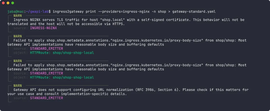 Terminal: ingress2gateway warnings about the self-signed TLS certificate, the dropped proxy-body-size annotation and URL normalization