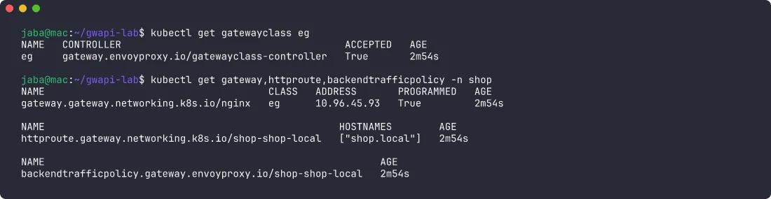 Terminal: GatewayClass eg accepted, the Gateway programmed with address 10.96.45.93, the HTTPRoute and the BackendTrafficPolicy