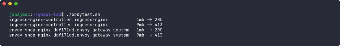 Terminal: both controllers return 200 for 1 MB and 413 for 9 MB