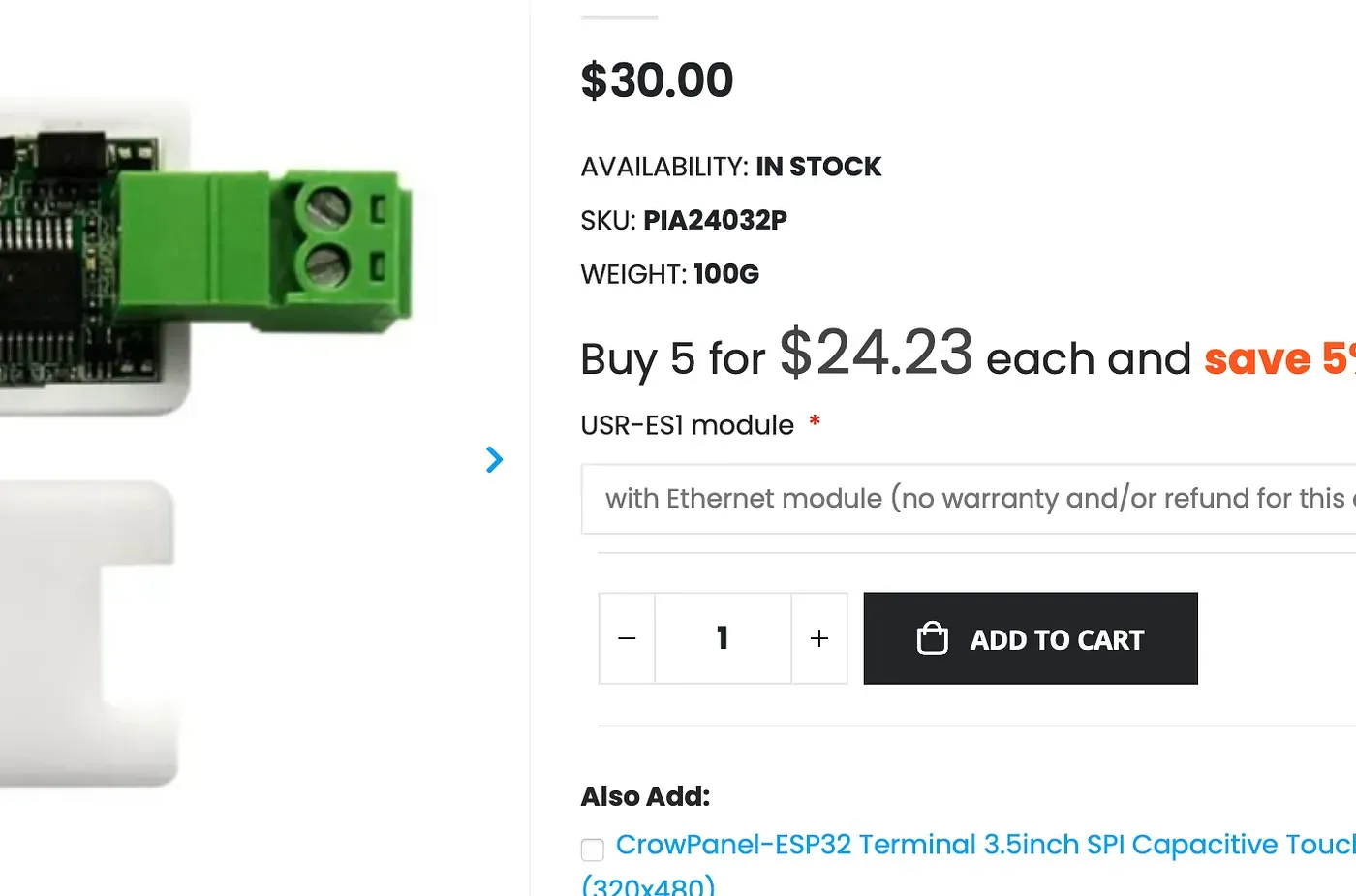 The eBUSd USB Stick v6 product listing, $30 with the USR-ES1 module option