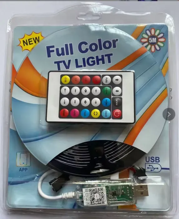 The cheap “Full Color TV Light” strip in its blister pack, with IR remote and USB Bluetooth controller