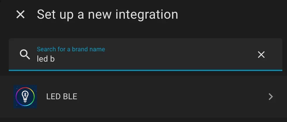 Home Assistant’s add-integration search showing LED BLE as a match