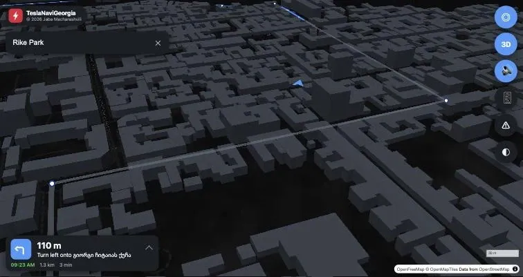 The driving view, tilted, rotating with you, 3D buildings in Tbilisi