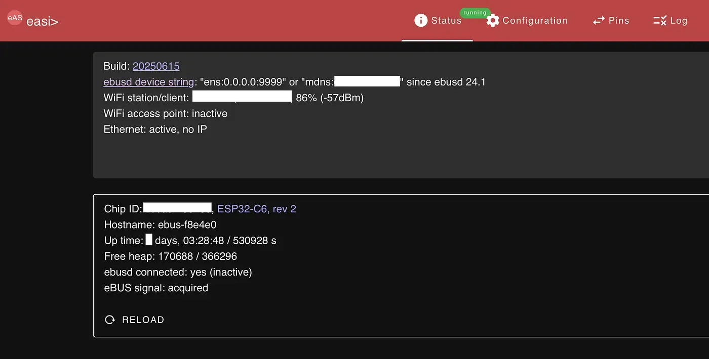 The stick’s easi> web interface: ESP32-C6 chip, ebusd connected, eBUS signal acquired