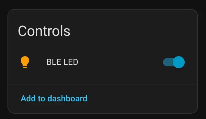 The Home Assistant controls card with the BLE LED entity toggled on