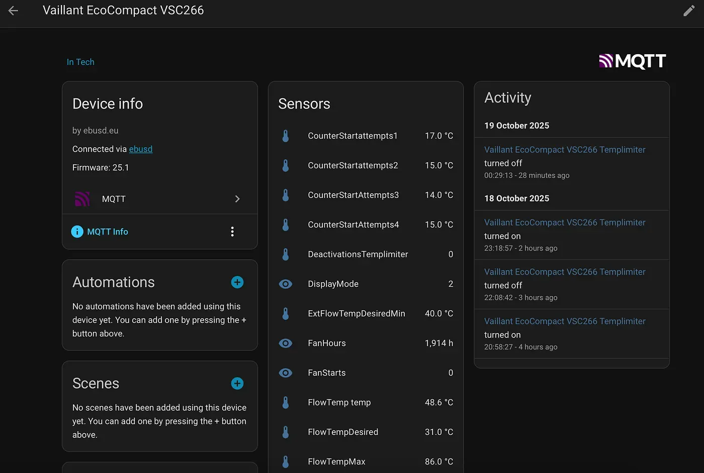 The Vaillant EcoCompact VSC266 device page in Home Assistant, listing ebusd sensors delivered over MQTT