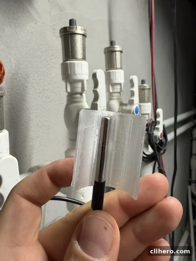 The printed clip with the probe sitting in its groove