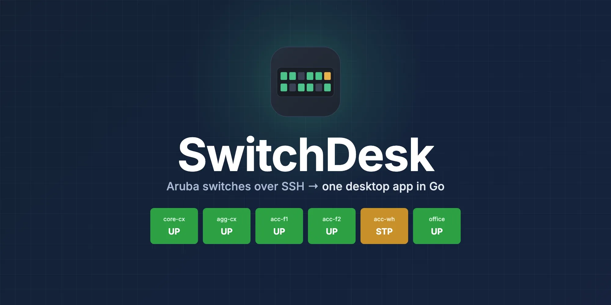 SwitchDesk app icon and title over a row of Aruba switch status tiles