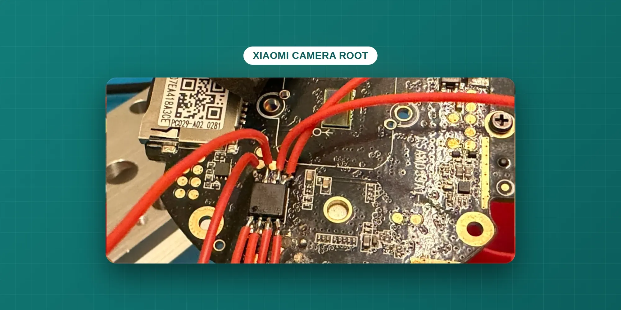 Root access on a Xiaomi camera: the SPI flash chip wired to an ESP32 with flying leads