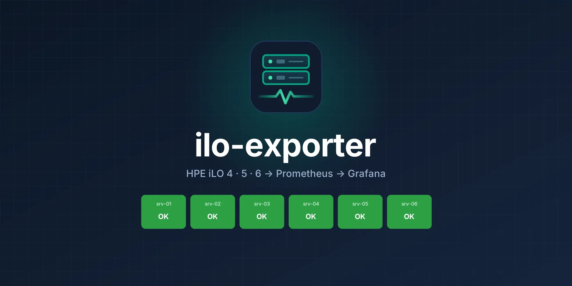 ilo-exporter logo above a row of green OK server tiles