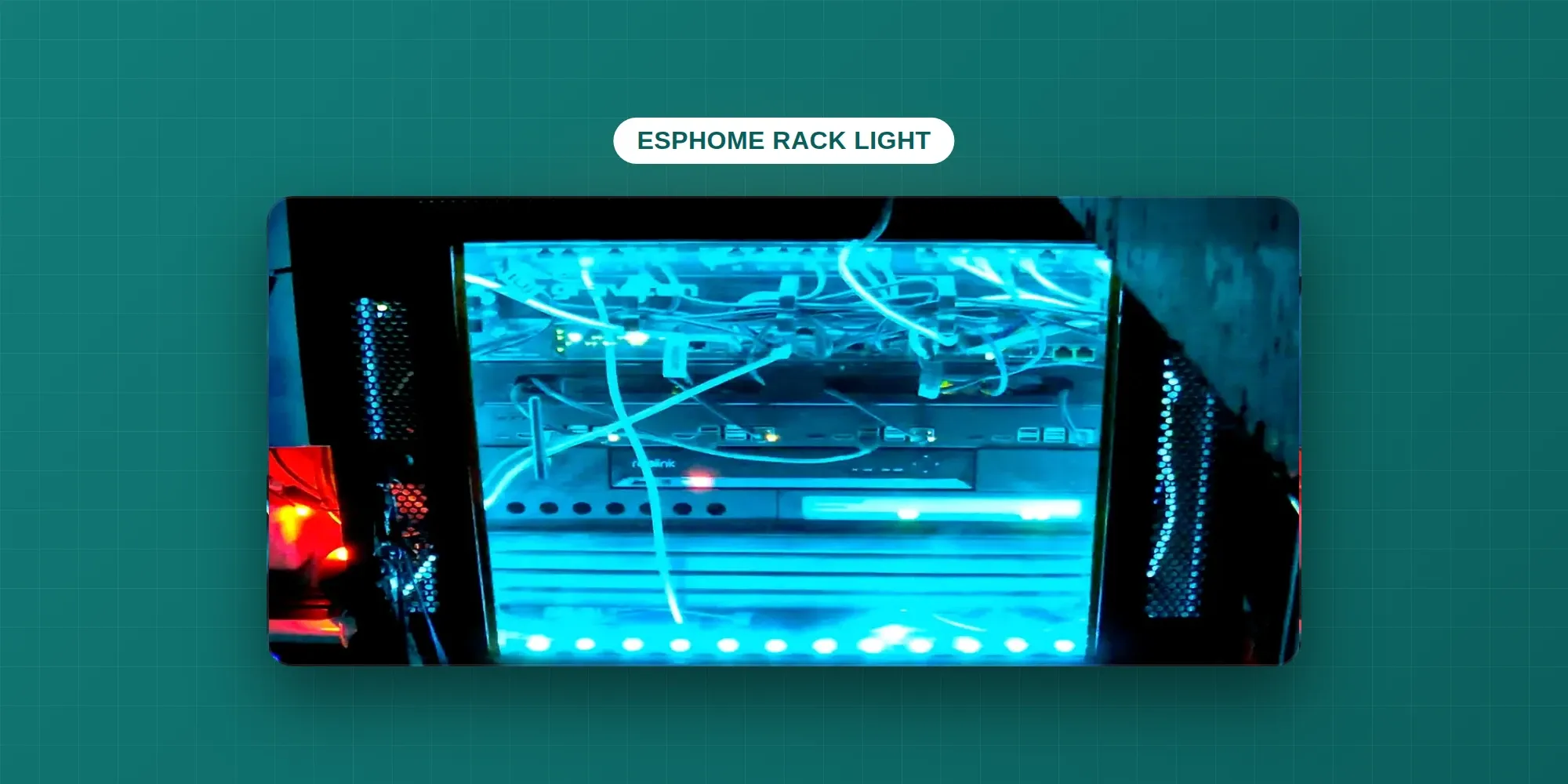 A homelab server rack lit cyan by the ESPHome-controlled LED strip