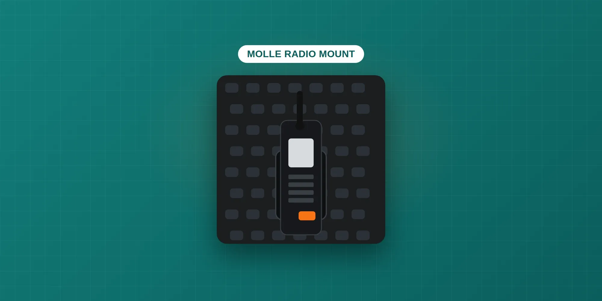A Baofeng handheld radio held in a 3D-printed clip on a MOLLE panel