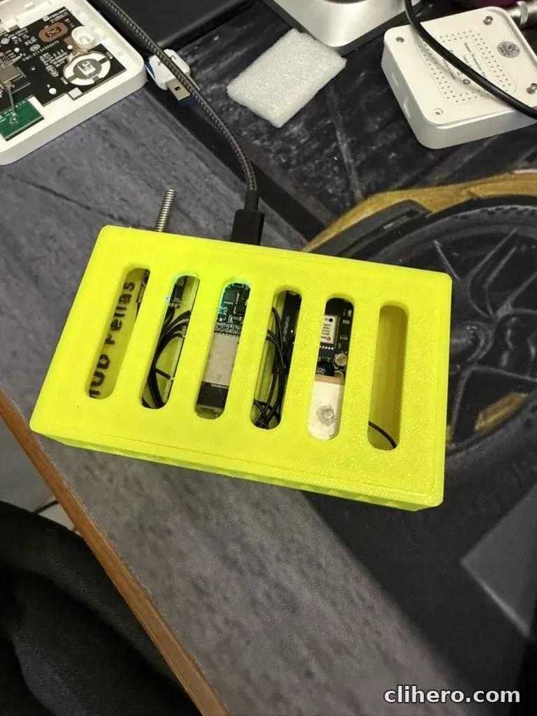 First power-on over USB with the lid on, the ESP32's LED visible through the vent slots