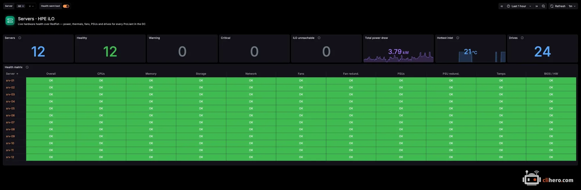 Grafana detail dashboard: fleet counters for 12 servers and a health matrix with every server and component green