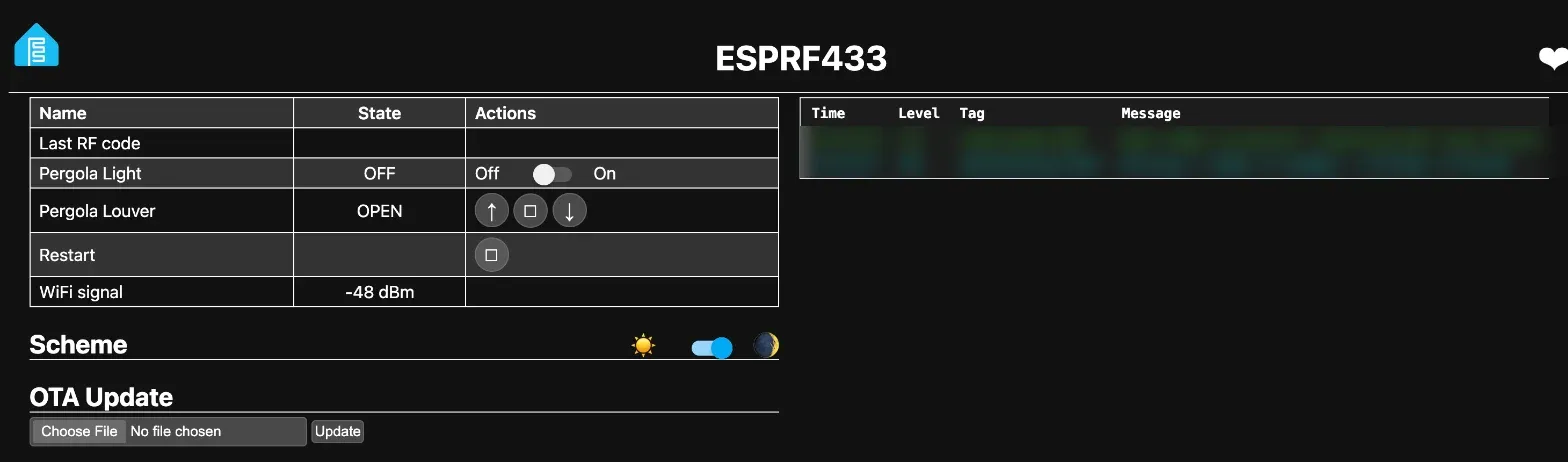 The ESPRF433 web page with the Pergola Light switch, the Pergola Louver open, stop and close buttons, and the log panel blurred
