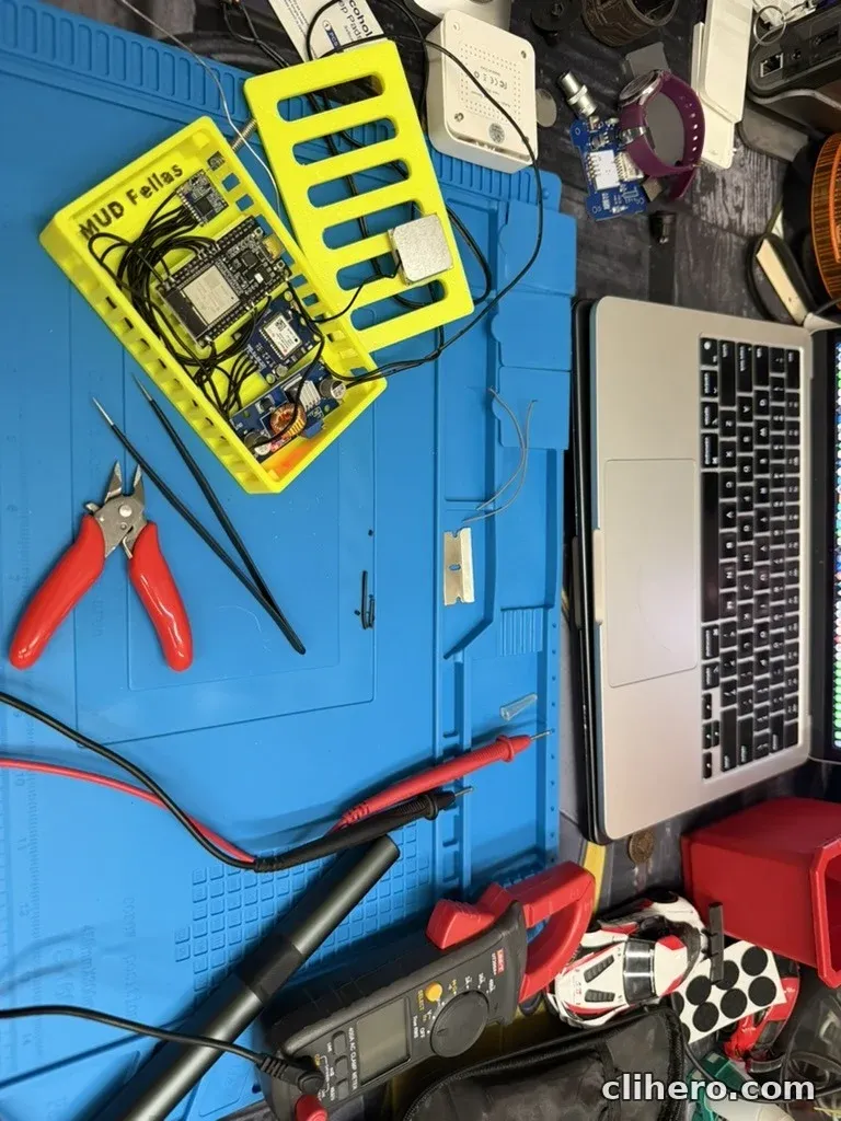 The workbench during the build: open case, soldering iron, multimeter and the laptop used for flashing